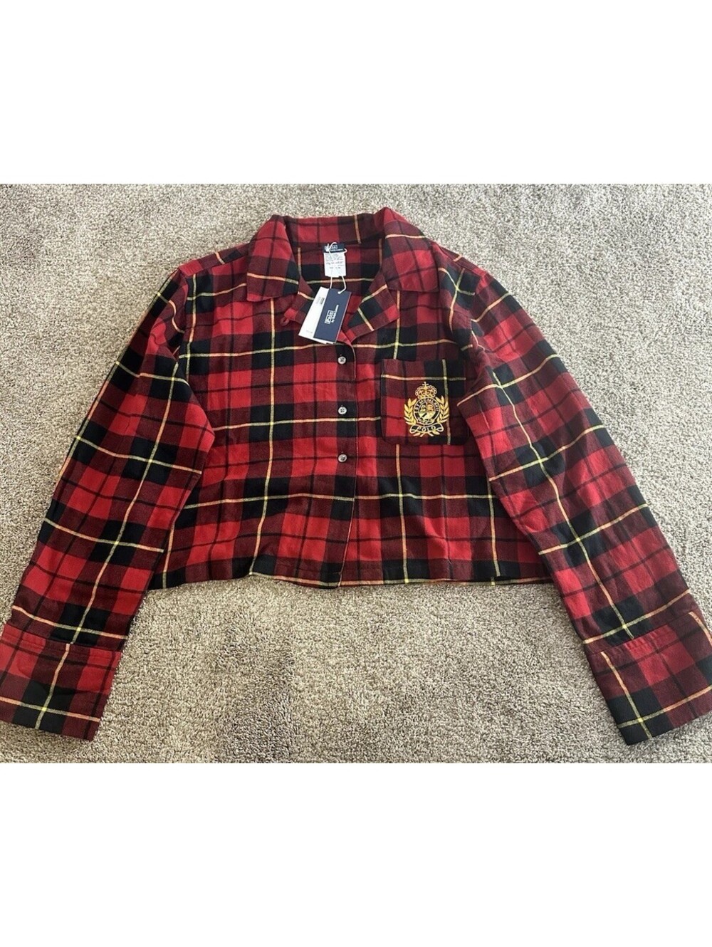 NWT NEW Lauren Ralph Lauren Flannel Plaid Pajama Shirt Top Women Size S Cropped